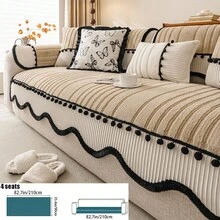 ALPLUME 1pc Asymmetrical Wavy Edge Pom Pom Design Sofa Cover, Soft And Comfortable Fabric, All-Season Universal Sofa Pad, Non-Slip, Wear-Resistant, Pet-Friendly, Short Plush, European Luxury Style, High-End, Timeless, Suitable For Living Room, Bedroom, Office And Other Occasions, Providing Warmth And Comfort For Home Decor - Khaki - View 18