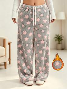 Calça Longa Feminina Plus Size de Flanela Grossa com Estampa de Estrelas Rosa, Cintura com Cordão, Perna Larga, Casual Esportiva, Calça de Descanso para Outono/Inverno - Cinza - Visão 1