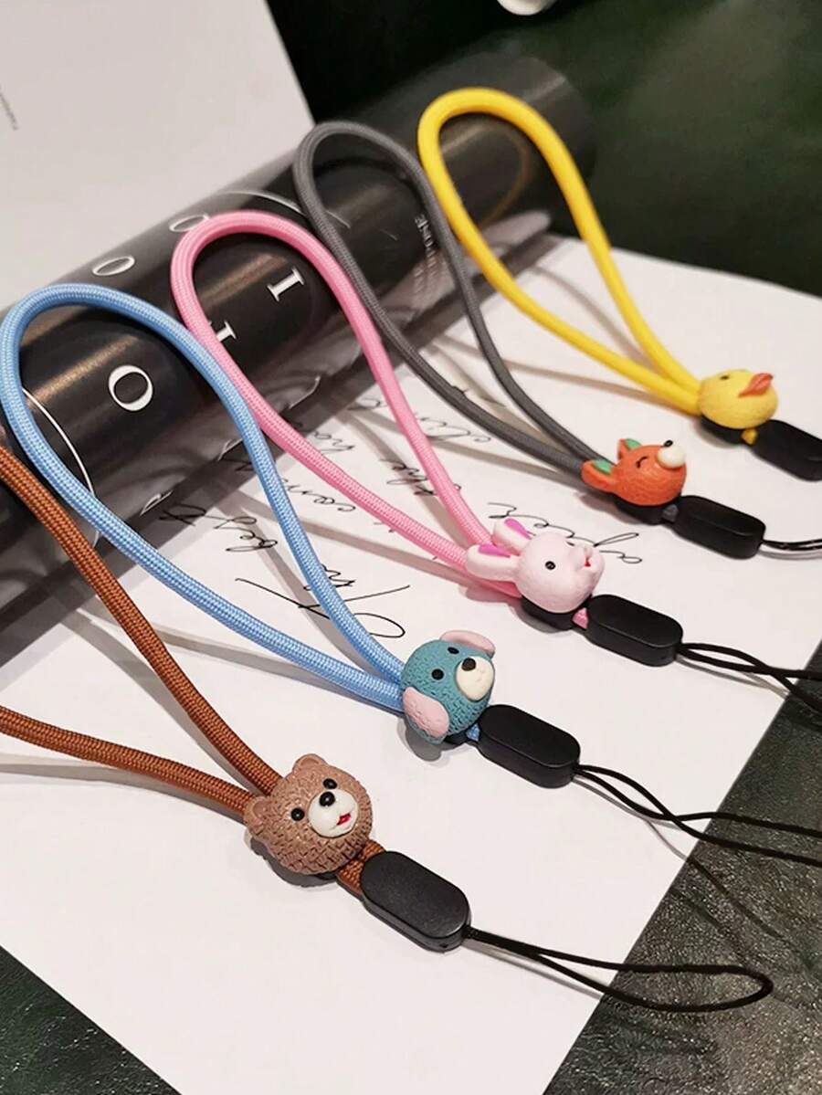 1pc Solid Color Braided Thin Nylon Phone Wrist Lanyard, Mini 3D Cartoon Animal Head Bear Rabbit Duck Fox Decor Anti-Lost Wrist Strap, Suitable For Daily Matching As Keychain, Bag Pendant Accessory - Multicolor - View 1
