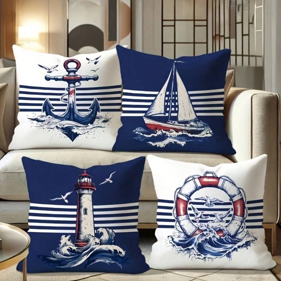4件組海軍藍條紋航海風正方形抱枕套,含錨、燈塔與帆船圖案,適合沿海居家裝飾,單面印花,不含枕芯 - 藍色 - 查看 1