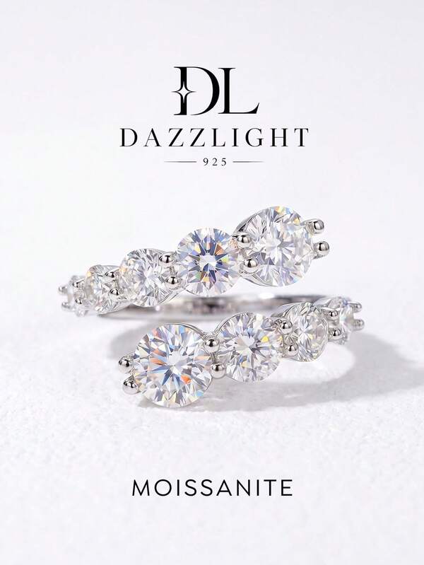 1pc Elegant Luxury Round Moissanite Pave Open Ring, Crafted In 925 Sterling Silver, Suitable For Women To Wear At Weddings And Balls