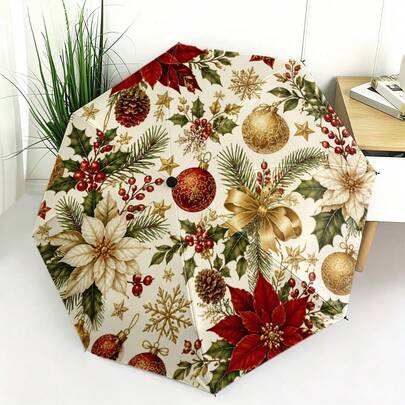 1pc Christmas Folding Umbrella - Christmas Theme Decorative Design With Christmas Ball, Poinsettia, Pine Cone, Snowflake, Berry And Bow Elements, 2D Flat Print Folding Umbrella, Internal Or External Print Optional, Free Choice, Suitable For Various Daily Travel Scenarios And Holiday-Related Occasions, A Practical Accessory For Holiday-Related Scenes!