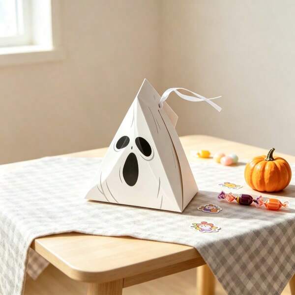 Halloween Gift Box Handheld Triangular Zongzi-Shaped Packaging Box With Scary Ghost Face Pattern, Fun Halloween Trick-Or-Treat Candy Gift Decoration Storage Box