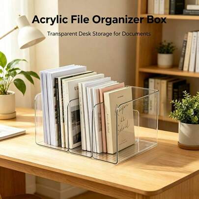 Transparent Plastic File Storage Box & Desktop Bookshelf, Storage Basket For Books, Office Supplies, Magazines And Files, Space-Saving Desktop File Organizer For Home, Study, Office, Fashionable Desktop Book & File Storage Container