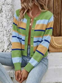 Cardigan Kancing Depan Bergaris Warna-warni Bergaya Prancis yang Elegan dan Intelektual untuk Wanita, Cocok untuk Pemakaian Sehari-hari, Kencan, dan Lainnya. - MultiWarna - View 6
