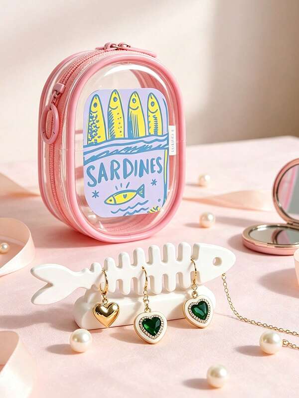 Cartoon Sardine Print Transparent Mini Jewelry Storage Bag, With Fish Bone Divider, Pink Zipper Portable Makeup Bag, Waterproof Visible Design; Suitable For All Seasons, Ideal For Students, Commuters, Women, Travelers, Can Store Earphones, Lipstick, Data Cables, Jewelry, Fits Commuting, School, Vacation, Travel, Holiday Portable Storage Bag, Cute INS Girl Style Couple Best Friend Gift Item, Portable Earring Bag, Portable Ring Storage Bag
