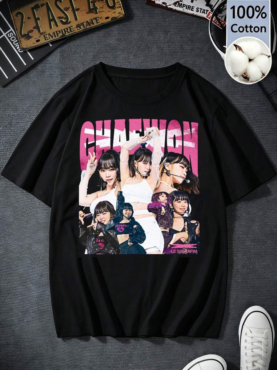 Women's Black Cotton Short-Sleeve T-Shirt, Y2K Retro Style, Chaewon LE SSERAFIMS Graphic Print, Summer Clothing For Fans, Regular Fit. - Black - View 1