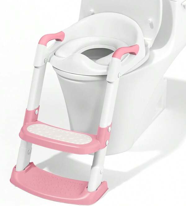 Siège de toilette pour l'apprentissage de la propreté des tout-petits, siège de toilette pour enfants et marches, chaise potée pliable antidérapante avec garde-éclaboussures, coussin doux et poignées de , rose