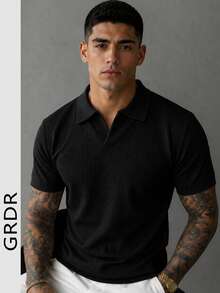 GRDR Men's Solid Color Waffle Knit Polo Shirt With Collar, Short Sleeve, Lightweight Casual Top - Black - View 3