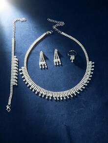 1 Set Luxury Fashion Zirconia Necklace, Earrings, Bracelet, Ring 4-Piece Jewelry Set For Women, Bridal Wedding Evening Party Formal Engagement High-End Jewelry - Silver - View 6