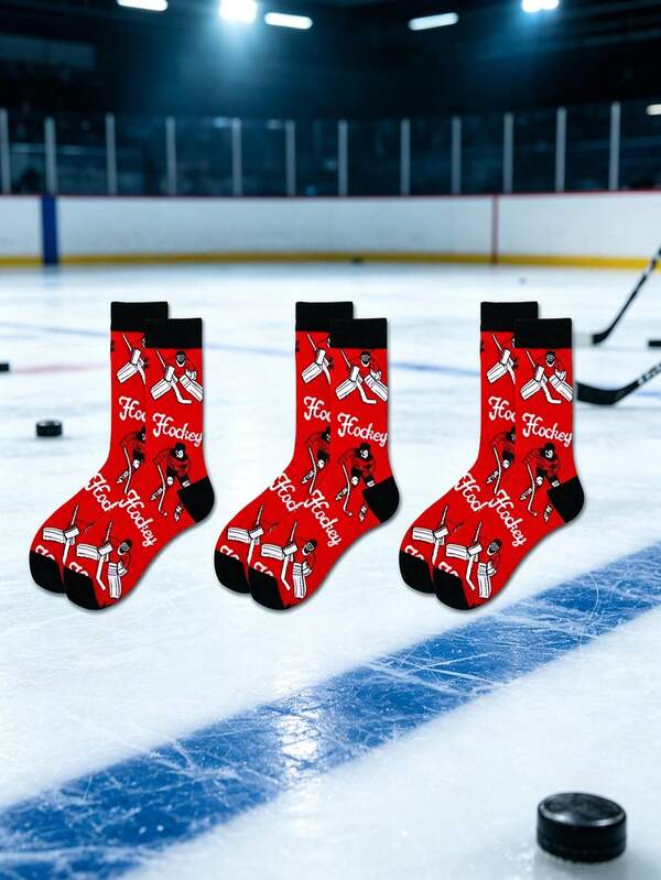 3 Pairs Men's Ice Hockey Sports Printed Mid-Calf Socks, Red & Black Contrast Design, Sporty Casual Ice Hockey Themed Socks, Fun Ice Hockey Pattern Men's Socks, Versatile Daily Wear For Sports Enthusiasts, Exclusive Printed Socks For Ice Hockey Fans, Daily / Game Day Energetic Style