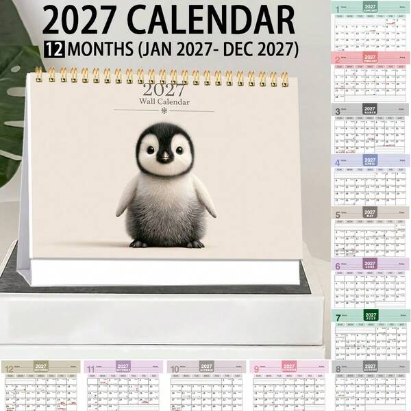 1 Cute 2D Penguin Pattern 2027 Desk Calendar, Suitable For Daily Office, School, Company, Can Be Used For Schedule Planning And Monthly Planning. 12 Months From January To December 2027 Fully Presented, Clear Date Marking, Help You Plan Your Life And Work In An Orderly Manner, Add A Touch Of Warmth And Fun To Your Desk.