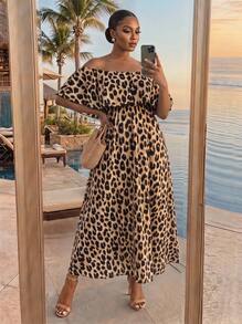 SHEIN Lady CURVE Plus Size Women's Leopard Print Off Shoulder Ruffle Waist A-Line Maxi Dress With Side Slit,Beige Summer Boho Beach Holiday Tropical Outfits - Khaki - View 5