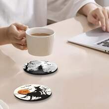 A Set Of 6 Halloween-Themed Wooden Coasters Featuring Designs Of Witches, Pumpkins, Bats, And A Full, Designed In A Decorative Silhouette Style - Multicolor - View 3