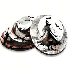 A Set Of 6 Halloween-Themed Wooden Coasters Featuring Designs Of Witches, Pumpkins, Bats, And A Full, Designed In A Decorative Silhouette Style - Multicolor - View 2