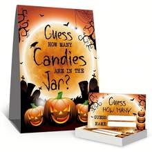 51 Pcs/Pack How Many Candies Game Cards Kit,Funny Pumpkin Party Raffle Ticket, Halloween Activities Decorations,1 Standing Sign + 50 Guessing Cards - View 6