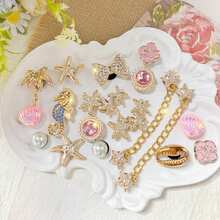 18pcs Gold DIY Detachable Shoe Charms With Sequin Chain, Starfish Shell Water Ripple Star, Suitable For Perforated Slippers - Pink Diamond - View 11