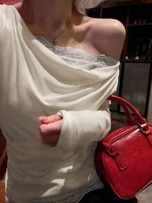 Draped Neck Pleated Long Sleeve Layered Lace Patchwork T-Shirt - Apricot - View 6
