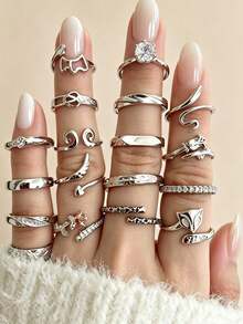 Affordable Sweet Cool Style Multi-Style Combination Ring Set Hollow Fox Head Heart Wing Twisted Rhinestone Thin Rings Stackable Finger Rings Versatile Finger Decoration Random Style 2pcs/4pcs/6pcs/8pcs/10pcs - Silver - View 1