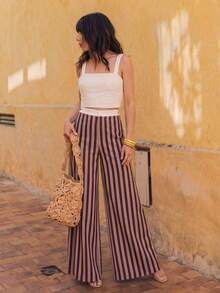 Pantalones de pierna ancha a rayas de cintura alta para mujer, estilo bohemio, pantalones largos de pierna ancha fluidos para vacaciones de verano - Multicolor - Ver 7
