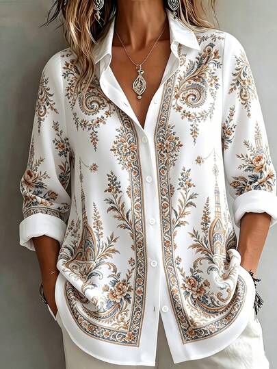 Elegant Plus Size Women's Shirt Collar Top, Bohemian Floral Print, Suitable For Autumn Wear