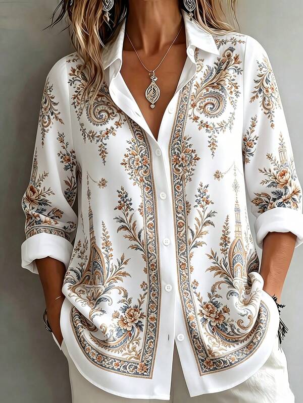 Elegant Plus Size Women's Shirt Collar Top, Bohemian Floral Print, Suitable For Autumn Wear
