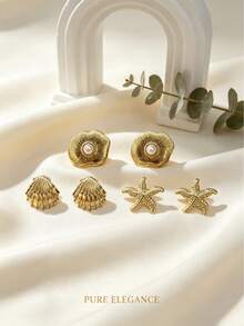 French Ins Style College Girl Gentle Soft Multi-Style Stud Earrings, Glossy Twisted Rope Wreath, Spiral Sun, Scallop, Polished Metal Texture, Daily Luxury Jewelry Comfortable For All-Day School Wear, Accessories Can Be Worn Individually Or Paired With Necklace, Bracelet, Pendant For Affordable Outfit, Suitable For Beach Vacation, Campus Daily, Wedding Banquet, Back To School Season Gift, Wedding Season Gift - Multicolor - View 11