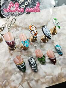10pcs Handmade Full Cover Almond Shaped Press-On Nails, Silver Hand-Painted Blue Green Water Drop Ripple Pattern Fake Nails, Minimalist Ocean Fresh Y2K Style, Reusable, Suitable For Party, Daily Wear, Cosplay, Includes Jelly Glue And Nail File - Multicolor - View 3