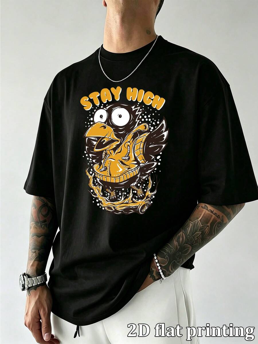 T-shirt oversize da uomo "STAY HIGH" con stampa grafica di corvo cartoni animati, casual, maniche corte, girocollo, stile street, vestibilità ampia e comoda, in cotone, maglietta estiva per uomo D - nero - Visualizzare 1
