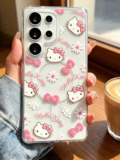 SANRIO 1 buah Casing Ponsel Transparan Magnetik Motif Bunga Pink KT Cat, Casing Ponsel Anti Jatuh Perlindungan Penuh. Cocok untuk Model S21/22/23/24/25/PLUS/FE/U/S25PLUSS/25U/S25DEGE/S25FE, Hadiah Kembali ke Sekolah