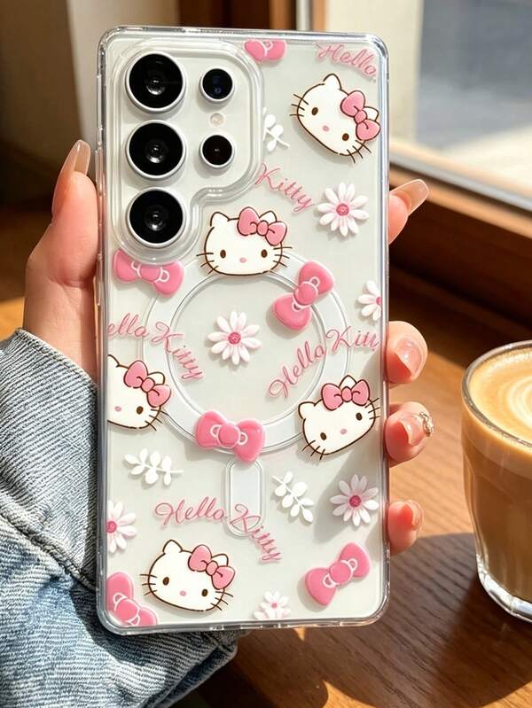 SANRIO 1 buah Casing Ponsel Transparan Magnetik Motif Bunga Pink KT Cat, Casing Ponsel Anti Jatuh Perlindungan Penuh. Cocok untuk Model S21/22/23/24/25/PLUS/FE/U/S25PLUSS/25U/S25DEGE/S25FE, Hadiah Kembali ke Sekolah