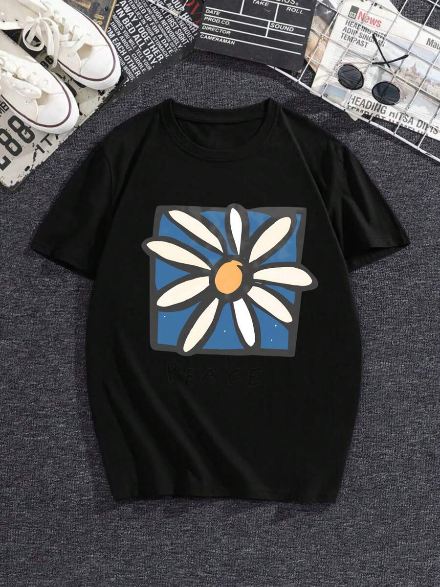 ChristmasMen's White Tee - Comfortable And Airy Daily Shirt Featuring A Blue Daisy Peace Design, Suitable Both Casual And Formal Wear,Hot Item