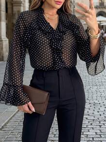 Elegaris Black White Polka Dot V-Neck Ruffle Flared Sleeve Blouse (Inner Layer Not Included) Sheer Chiffon Lightweight Fabric Elegant French Style Summer - Black - View 1