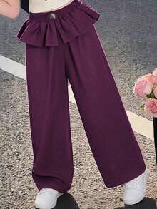 Girls' Spring/Autumn/Winter Patchwork Pleated Ruffle Wide Leg Pants, Elastic Waist Design No Belly Pressure, Pair With Simple White T-Shirt For Instant Campus Fresh Look, Pair With Blouse For Street Cool Sweet Style, Suitable For Campus Wear, Outdoor Activities, Daily Wear, 8-13 Years Old - Purple - View 1