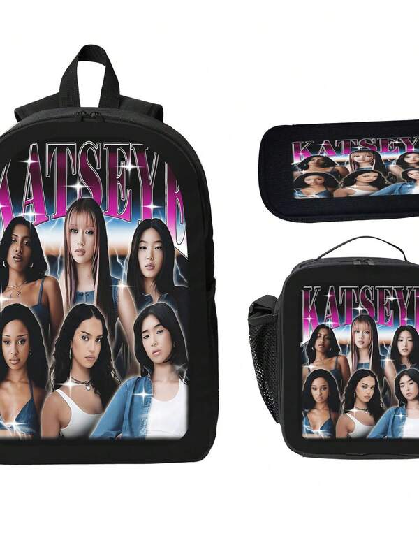 Katseye Y2K Aesthetic Girl Group Print 3Pcs Backpack Set Pink Black Large Capacity Casual Daypack With Insulated Lunch Bag Pencil Case For Travel Commute Daily Use