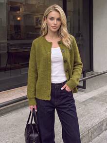 Nicenter Women's Fall‑Winter Cozy Wool Blend Ribbed Knit Crew Neck Button Front Relaxed Cropped Cardigan Sweater Tops Fall‑Winter Clothes For Women - Army Green - View 3