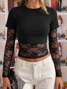 NOIRLYN Women's Autumn Y2K 2 In 1 Lace Patchwork Long Sleeve Top, Sexy Fitted Round Neck Layered T-Shirt, Street Style Black - Black - View 4