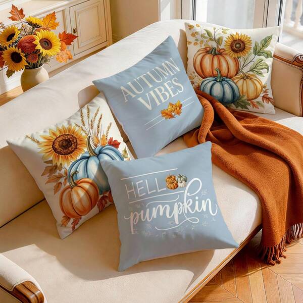 4pcs Autumn Pumpkin & Sunflower Pattern Single-Sided Printed Pillow Covers/Cushion Covers, Multi-Scene Atmosphere Decorative Pillow Covers Suitable For Living Room, Sofa, Bedroom, Pillow Inserts Not Included