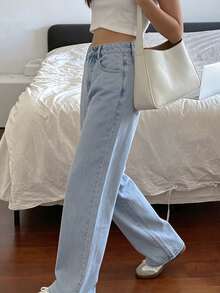 Women's Casual Loose Straight Leg Jeans With Button And Lace Pocket Details, Elegant Non-Stretch Long Straight Pants, Y2K Style - Light Wash - View 5