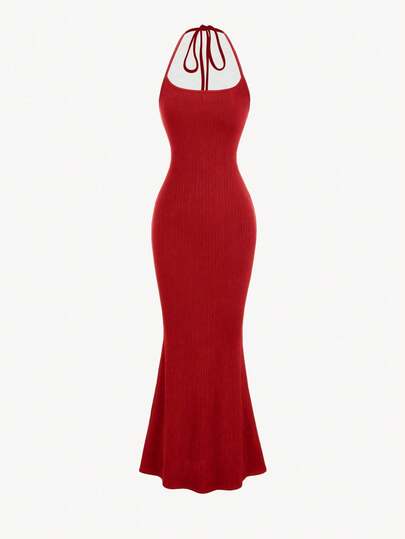 Vestido Sirena Ajustado con Cuello Halter para Mujer , Traje Maxi Negro para Mujer