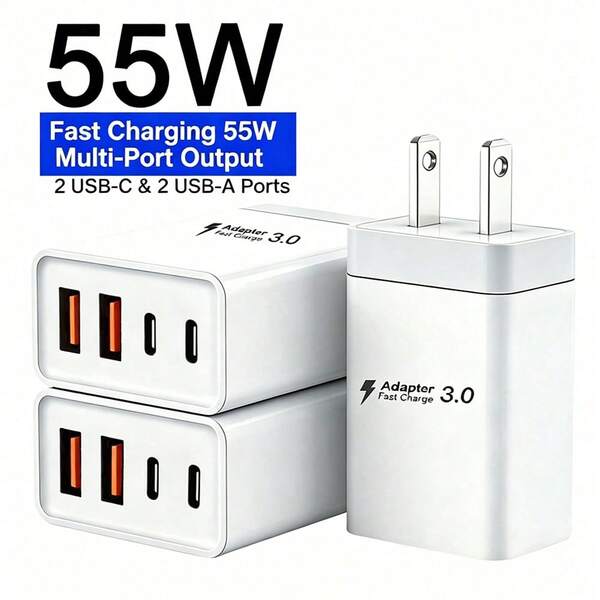 Produk Terlaris Musim Semi/Panas, 1 buah/2 buah/3 buah Charger Super Cepat 55W 4 Port. Dilengkapi dengan 2 Port USB-A dan 2 Port USB-C. Sepenuhnya kompatibel dengan seri 17/16/15/14/13/12, seri Galaxy S26/S25/S24/S23. Cocok untuk rumah, kantor, perjalanan, dan penggunaan sehari-hari lainnya.