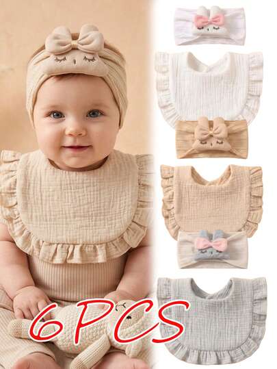 6PCS Girls Princess Summer Fresh Color Cute Ruffle Baby Bibs, Soft Skin-Friendly Baby Bow Headband, Newborn Fontanelle Protection Hair Accessory, Suitable For Daily Wear