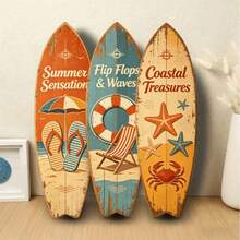 3pcs Large 15.7 Inch Vintage Surfboard Sign, Summer Flip Flop Surfboard Sign, Rustic Summer Style Decor, Suitable For Home Yard/Bathroom/Garden Pool Hanging - Multicolor - View 2