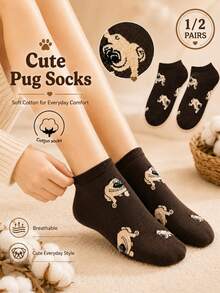 1/2 Pairs Women's Fun Cartoon Pug Cotton Socks, Soft Breathable Low-Cut Cotton Socks For Spring/Summer, Suitable For Dog Lovers, Outdoor Wear, Gift-Giving, Back To School Season - Brown - View 1