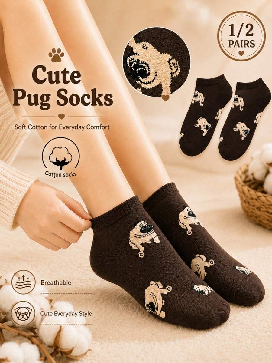 1/2 Pairs Women's Fun Cartoon Pug Cotton Socks, Soft Breathable Low-Cut Cotton Socks For Spring/Summer, Suitable For Dog Lovers, Outdoor Wear, Gift-Giving, Back To School Season - Brown - View 1