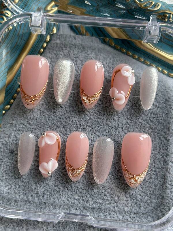 10pcs Almond Handmade Nail Stickers, Pink Nail Art, Shiny Cat Eye Nail Art, 3D Flower Nail Art, Simple Cute Acrylic False Nails, Suitable For Girls And Women Daily, Vacation, Date Nail Decoration, Includes Jelly Glue And Nail File