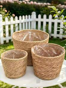 Nordic Style New Woven Straw Planter Pot Cover DIY Storage Decorative Potted Plant Flower Pot Set Suitable For Living Room Balcony Study - A - View 1