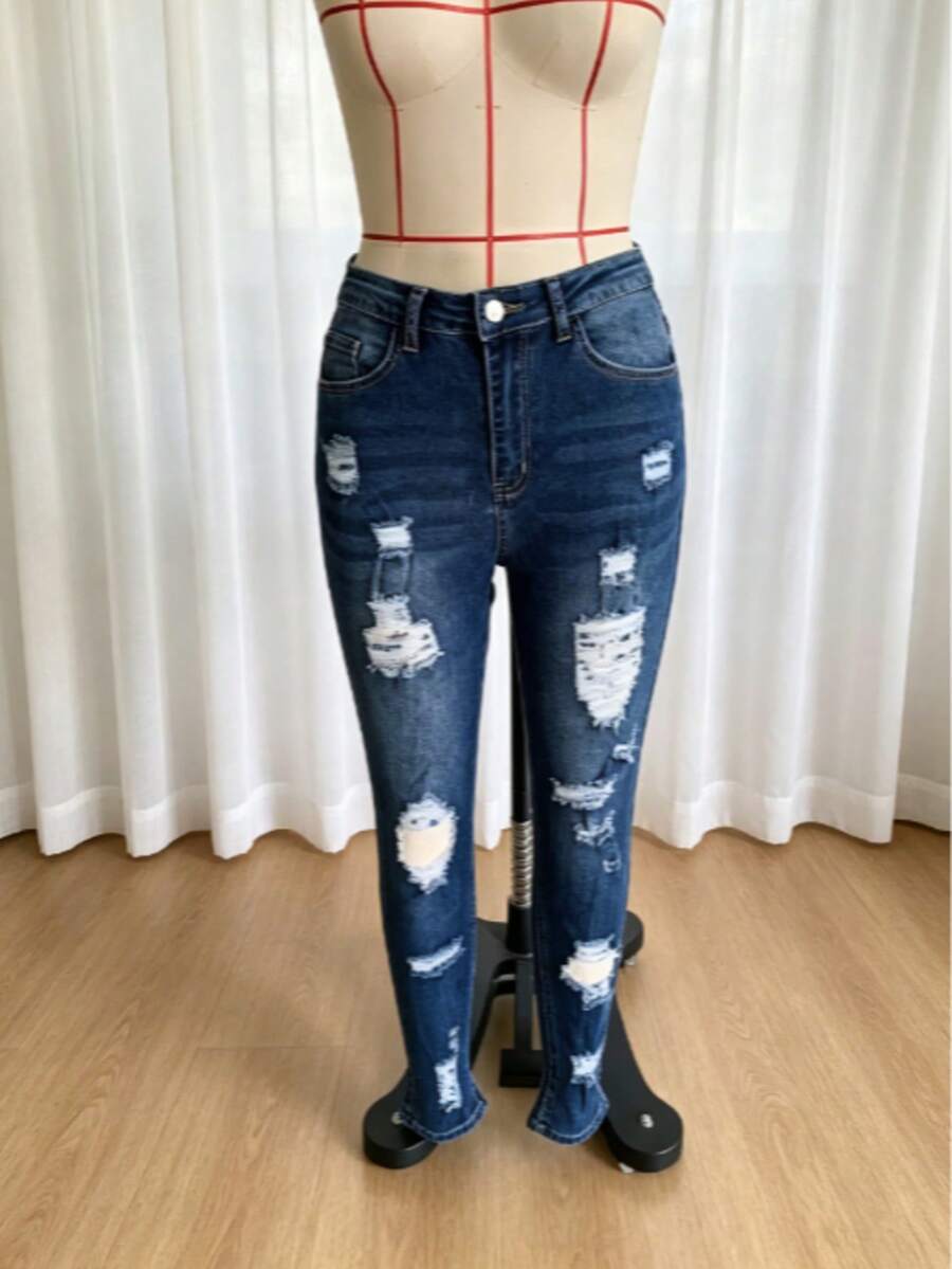 女款破洞修身提臀性感牛仔褲 - 深色水洗藍 - 查看 1