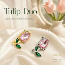 1PC/2PCS Zinc Alloy Two Tone Tulip Lapel Pin, Pink Rhinestone Green Enamel Floral Brooch, Women Clothes Collar Decor Jewelry Gift, Elegant Flower Pin - Multicolor - View 1