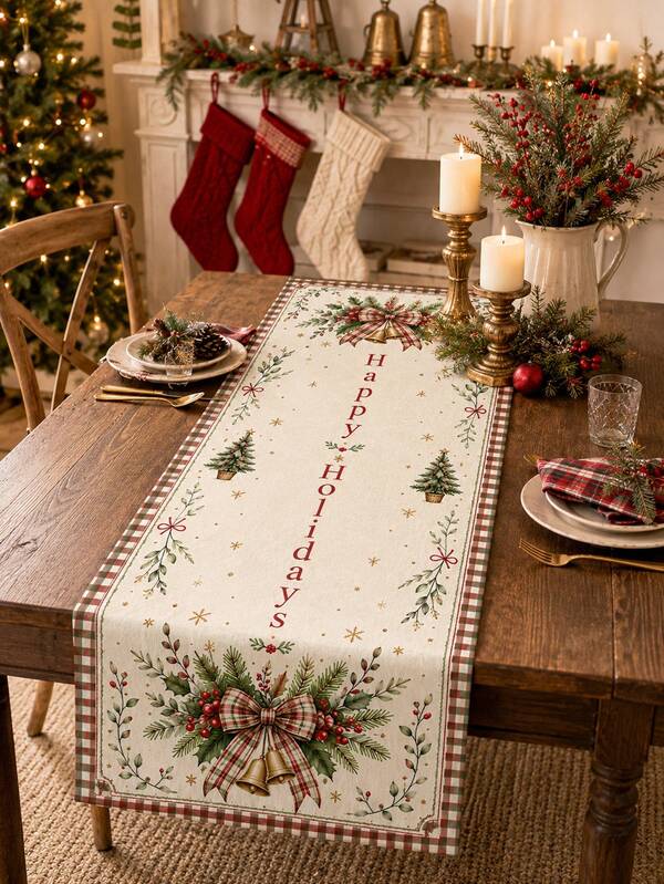 1pc Happy Holidays Christmas Table Runner, Farmhouse Linen Rectangular Plaid Bow Bell Holly Berry Pine Tree Printed Table Runner Tablecloth Cover For Dining Table, Kitchen Table, Buffet, Xmas Party, Winter Holiday Home Decor